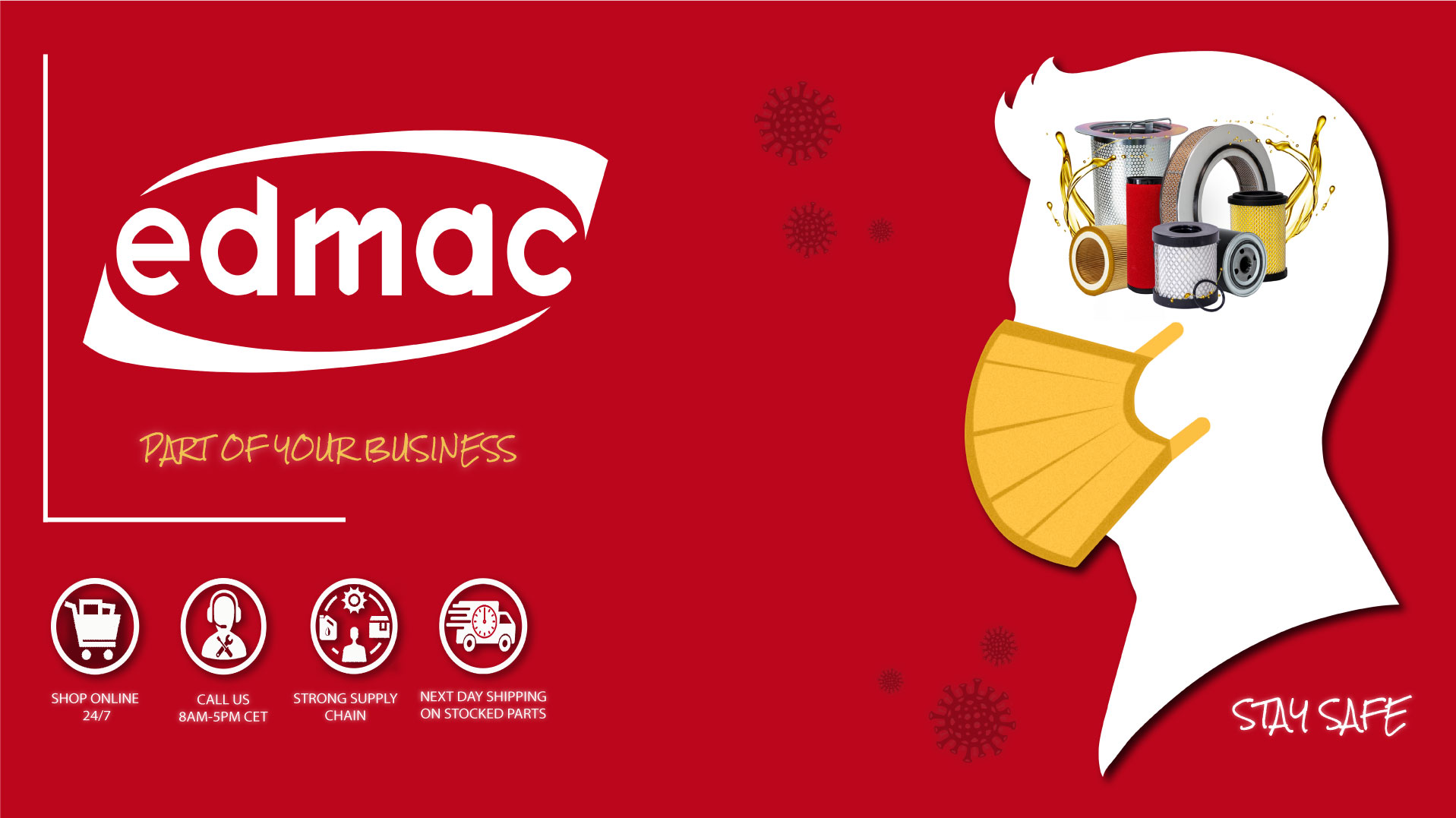 Stay Safe with Edmac Europe Shop online, contact us, steady supply chain, fast shipping.