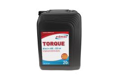A black 20L plastic container labeled "Torque Elect+ 400 Oil ISO46" by Edmac, with red and blue accents and a website link at the top.