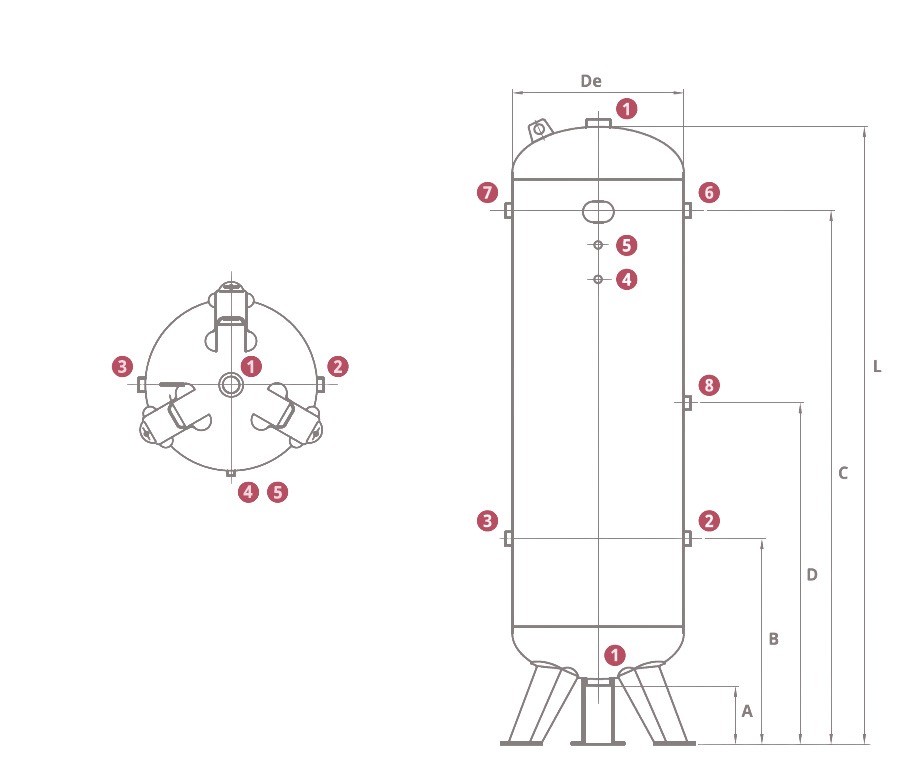 Dimension drawing of a vertical air receiver with numbered connection points
